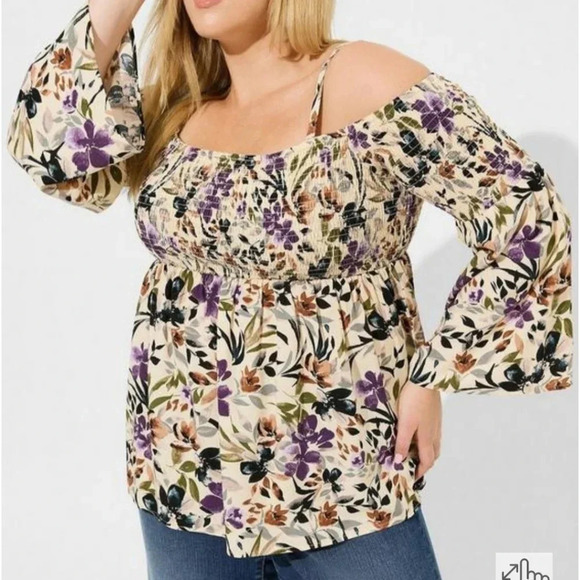torrid Tops - Torrid •Size 4X• NWT Floral Smocked Long Sleeve Challis Shirt Boho Off Shoulder